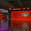 Modern 4S Dealership Interior With Red Walls White Sports Car And Bar Stools