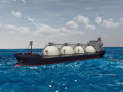 Large Ship Sailing on Blue Ocean with Multiple White Spherical Tanks 3d model