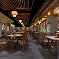 Traditional Hotpot Restaurant Interior With Wooden Furniture Hanging Lanterns And Chinese Decor