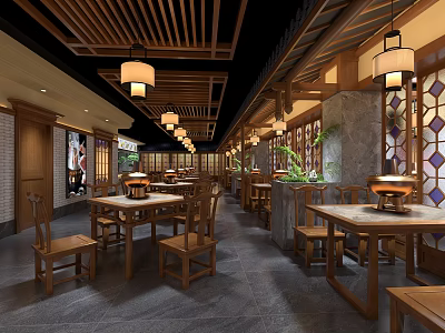 Traditional Hotpot Restaurant Interior With Wooden Furniture Hanging Lanterns And Chinese Decor 3d model