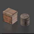 Household Items Square Wooden Box With Striped Lid And Round Gray Canister With Numbers