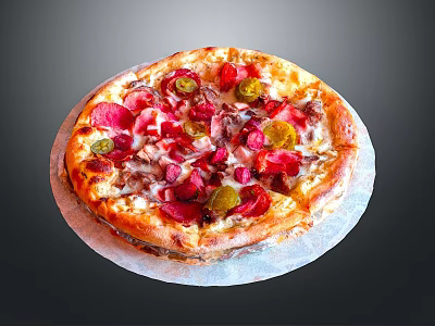 Delicious Pizza Topped With Red Green Bell Peppers Sliced Meat And Melted Cheese 3d model