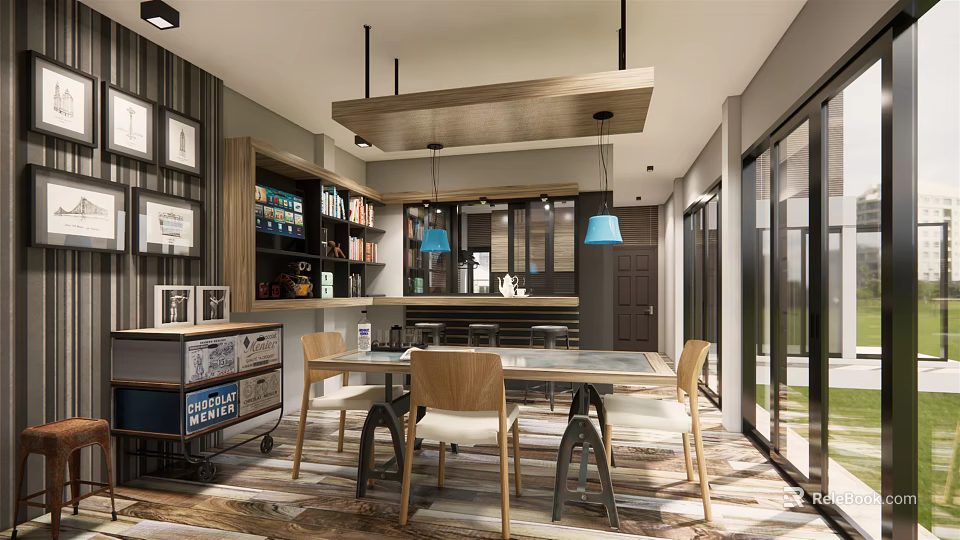 Modern Open Restaurant Interior With Dining Table Chairs Pendant Lights And Bookshelves 3d model 