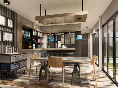 Modern Open Restaurant Interior With Dining Table Chairs Pendant Lights And Bookshelves 3d model