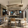 Modern Open Restaurant Interior With Dining Table Chairs Pendant Lights And Bookshelves