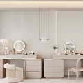 Modern Light Colored Dressing Table With Drawers Mirror Pendant Lights And Stool 3d model