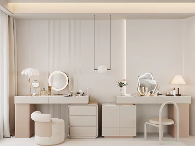 Modern Light Colored Dressing Table With Drawers Mirror Pendant Lights And Stool 3d model