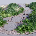 Garden Stepping Stones Path With Green Shrubs Ferns And Gravel