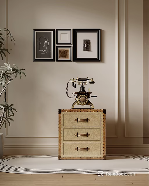 Vintage Chest of Drawers With Classic Telephone and Decorative Wall Frames 3d model 