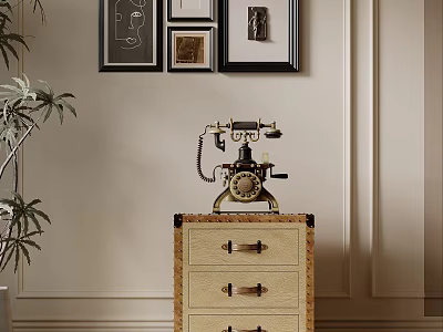 Vintage Chest of Drawers With Classic Telephone and Decorative Wall Frames 3d model