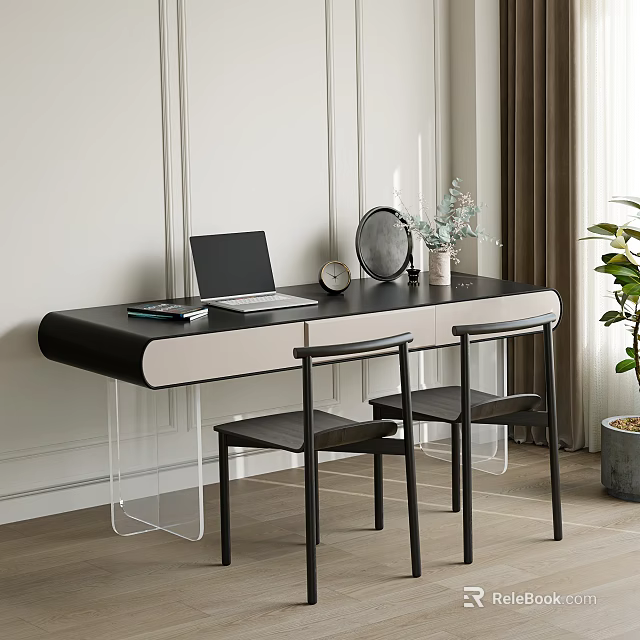 Modern Home Office Desk With Laptop Clock Decorative Mirror Small Plant And Black Chairs 3d model 