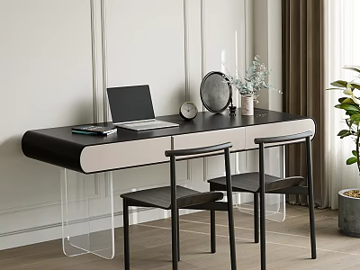 Modern Home Office Desk With Laptop Clock Decorative Mirror Small Plant And Black Chairs 3d model
