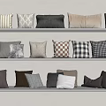 Stylish Decorative Throw Pillows In Mixed Patterns And Colors On White Shelves 3d model