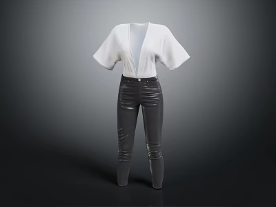 White V Neck Short Sleeve Top with Black Tight Fitting Leather Pants 3d model