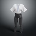 White V Neck Short Sleeve Top with Black Tight Fitting Leather Pants