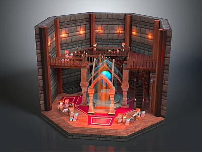 Cartoon Medieval Scene With Stone Walls Wooden Platforms Lit Torches Red Carpet And Central Archway 3d model