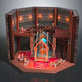 Cartoon Medieval Scene With Stone Walls Wooden Platforms Lit Torches Red Carpet And Central Archway