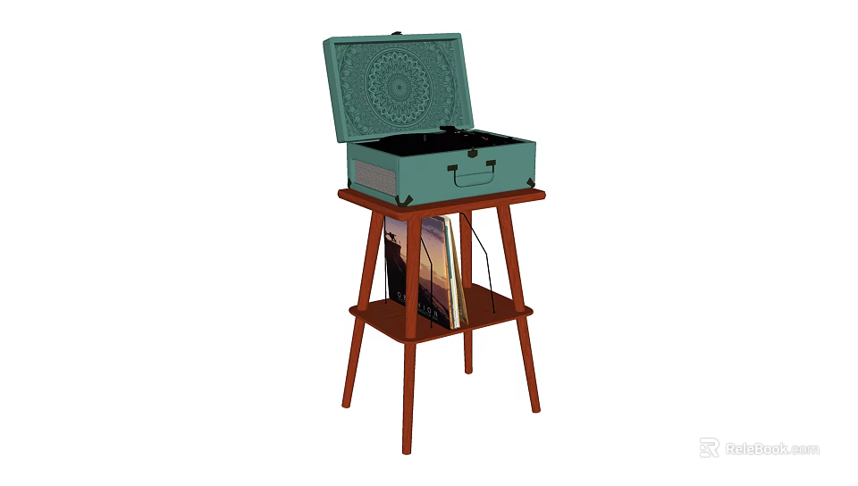 Vintage Audio Speaker System with Teal Case on Wooden Stand and Vinyl Records 3d model 
