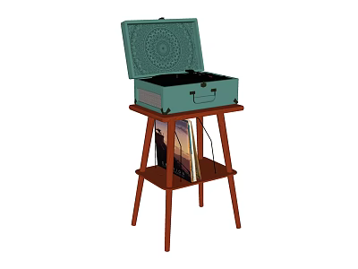 Vintage Audio Speaker System with Teal Case on Wooden Stand and Vinyl Records 3d model
