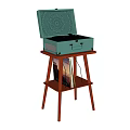 Vintage Audio Speaker System with Teal Case on Wooden Stand and Vinyl Records