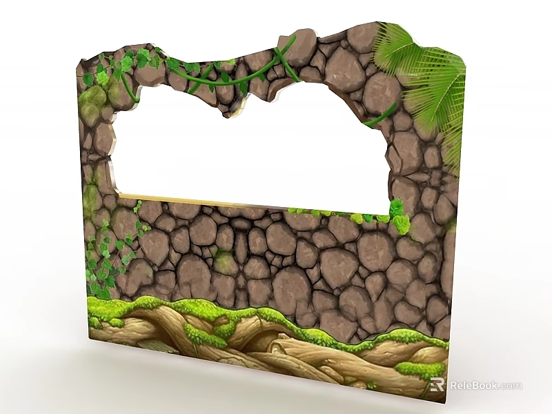 Natural Swing Door Design With Stone Wall Vines Tree Roots And Green Leaves 3d model 