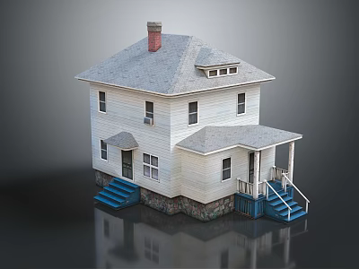 White House With Gray Roof Red Chimney Blue Stairs Porch Windows And Stone Base 3d model
