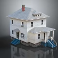 White House With Gray Roof Red Chimney Blue Stairs Porch Windows And Stone Base