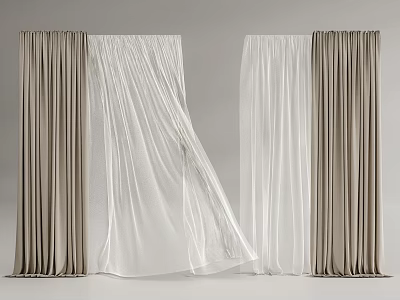 Modern Curtains Interior Design With Beige Velvet And White Sheer Layers 3d model
