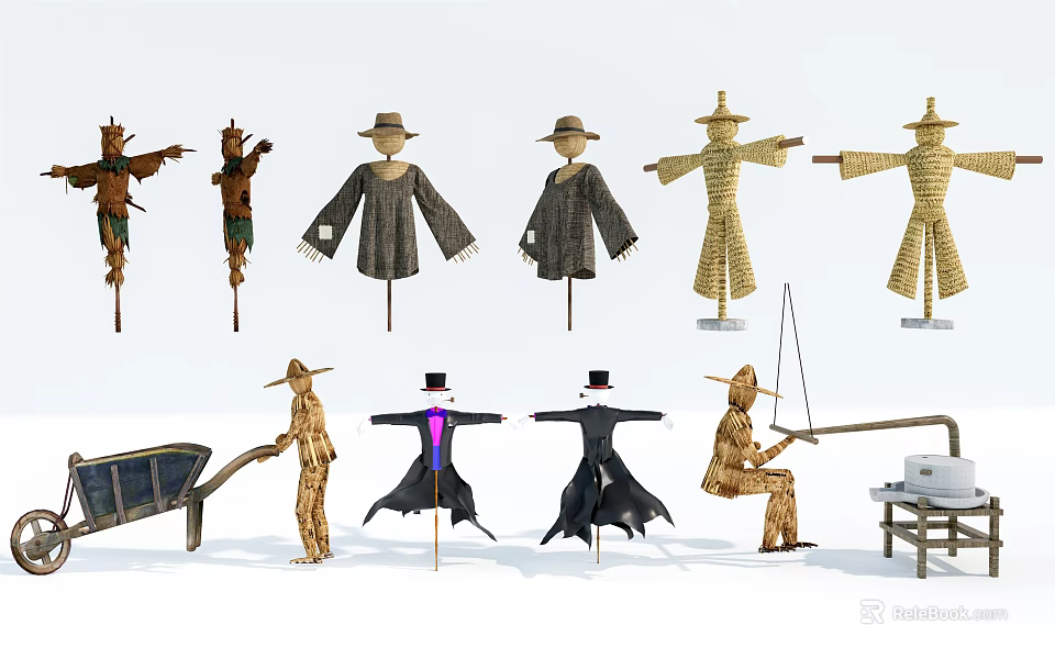 Rural Agricultural Equipment Showcasing Multiple Scarecrow Designs And Traditional Tools 3d model 