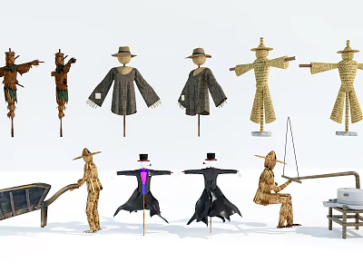 Rural Agricultural Equipment Showcasing Multiple Scarecrow Designs And Traditional Tools 3d model