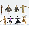 Rural Agricultural Equipment Showcasing Multiple Scarecrow Designs And Traditional Tools