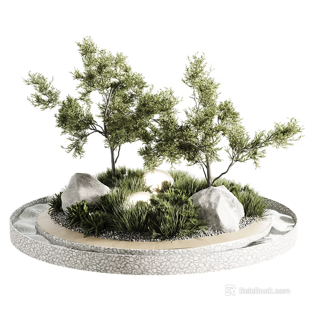 Modern Zen Style Garden Landscape With Delicate Trees Natural Stones And Lush Green Grass 3d model 