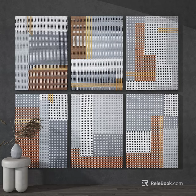 Modern Geometric Wall Art Featuring Gray White Brown Yellow Grid Patterns On Dark Wall 3d model