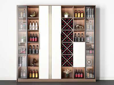 Modern Wine Cabinet with Glass Doors Wine Racks and Decorative Items 3d model