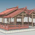 Traditional Chinese Style Landscape Pavilion With Red Tiled Roof Wooden Beams And Railings