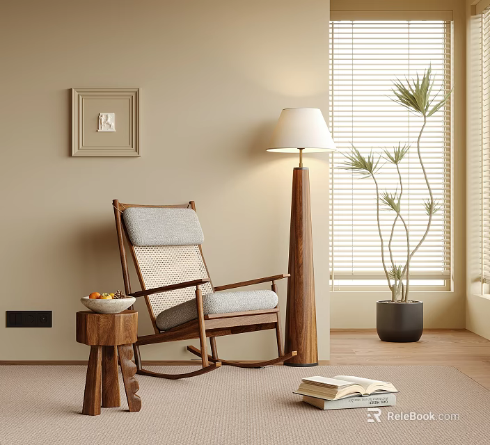 Wooden Rocking Leisure Chair With Gray Linen Cushion Floor Lamp And Potted Plant Near Window 3d model 