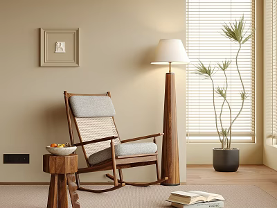 Wooden Rocking Leisure Chair With Gray Linen Cushion Floor Lamp And Potted Plant Near Window 3d model