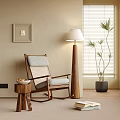 Wooden Rocking Leisure Chair With Gray Linen Cushion Floor Lamp And Potted Plant Near Window