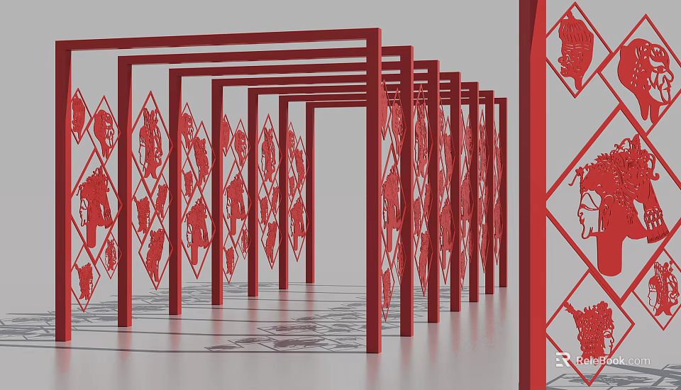 Red Decorative Pergola With Intricate Cut Out Patterns In Series Arrangement 3d model 