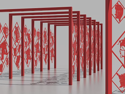 Red Decorative Pergola With Intricate Cut Out Patterns In Series Arrangement 3d model