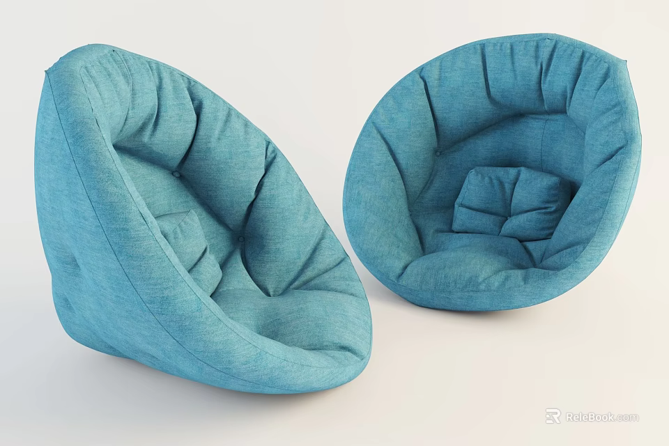 Two Blue Fabric Bean Bag Chairs With Cozy Round Design For Living Room 3d model 