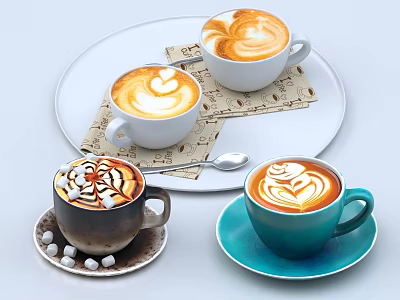 Assorted Coffee Latte Drinks With Heart Art Marshmallows And Colorful Cups On Tray Placemat 3d model