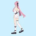 Woman In White Jumpsuit With Pink Double Ponytails Winking Black Gloves One Hand On Hip Hand Extended