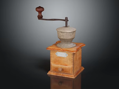 Vintage Manual Kitchen Grinder With Wooden Base And Stone Bowl As Traditional Kitchen Appliance 3d model