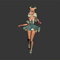 Blonde Haired Fantasy Game Character With Horns Wearing Light Blue Dress Holding Small Pink Object