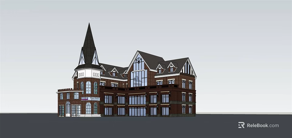 Red Brick Commercial Complex With Spire Tower And Glass Window Design 3d model