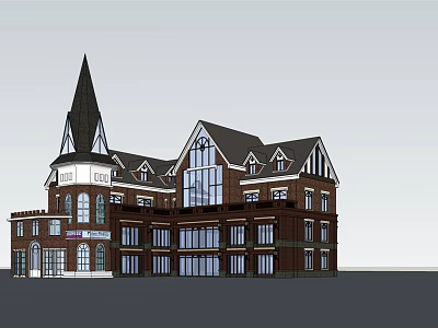 Red Brick Commercial Complex With Spire Tower And Glass Window Design 3d model