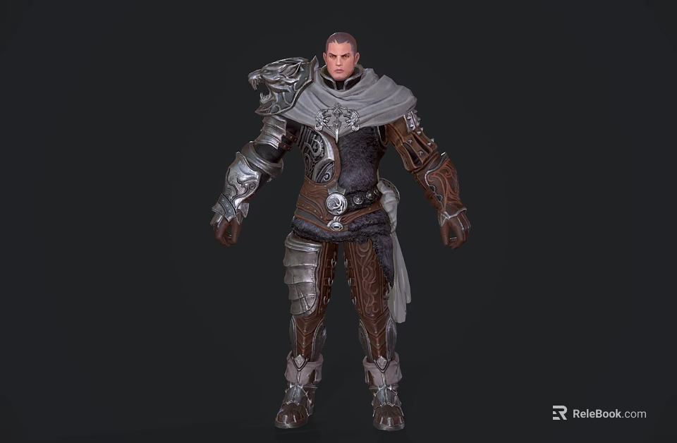 Fantasy Warrior Character in Metal Leather Armor With Shoulder Ornament and Gray Cloak 3d model 