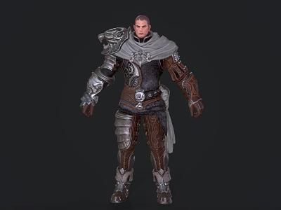 Fantasy Warrior Character in Metal Leather Armor With Shoulder Ornament and Gray Cloak 3d model