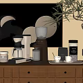 Stylish Kitchen Countertop With Coffee Machine Blender And Coffee Cups Jars Plant And Wall Art
